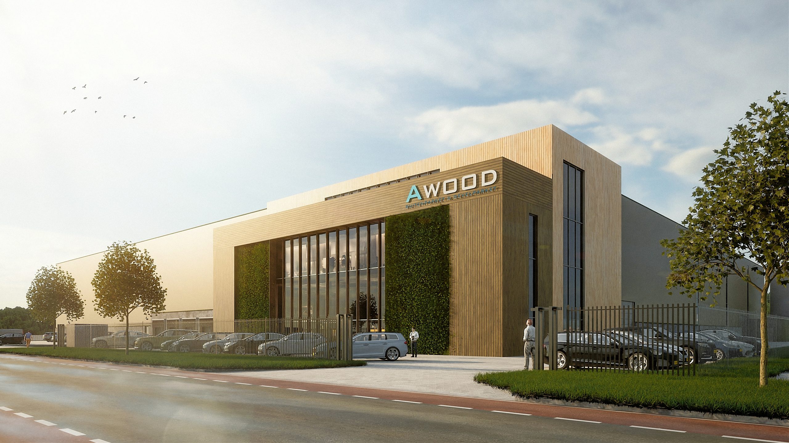 Nieuwbouw bedrijfspand van Awood met houten gevel en groenaccenten